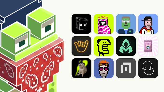 A collage showing pixelated Minecraft-style green frog blocks alongside various NFT profile pictures including pixel art characters, a monkey, and abstract designs.