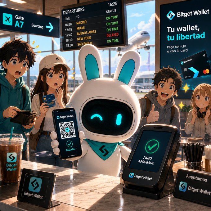 An anime-style promotional image for "Bitget Wallet" featuring a white rabbit robot holding a phone with a QR code and "PAGADO" displayed, alongside anime characters and Spanish text "Tu wallet, tu libertad / Paga con QR o con la card" in an airport setting with a departures board showing flights to Madrid, Miami, Buenos Aires, New York, and Sao Paulo.