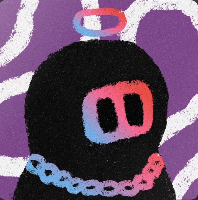A stylized illustration of a black ninja-like figure wearing a chain, featuring pink and blue gradient goggles and halo against a purple background with white brushstrokes.