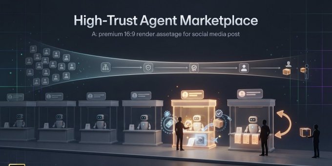 An illustration titled 'High-Trust Agent Marketplace' showing robotic agents in booths with people interacting, depicting an AI marketplace concept.