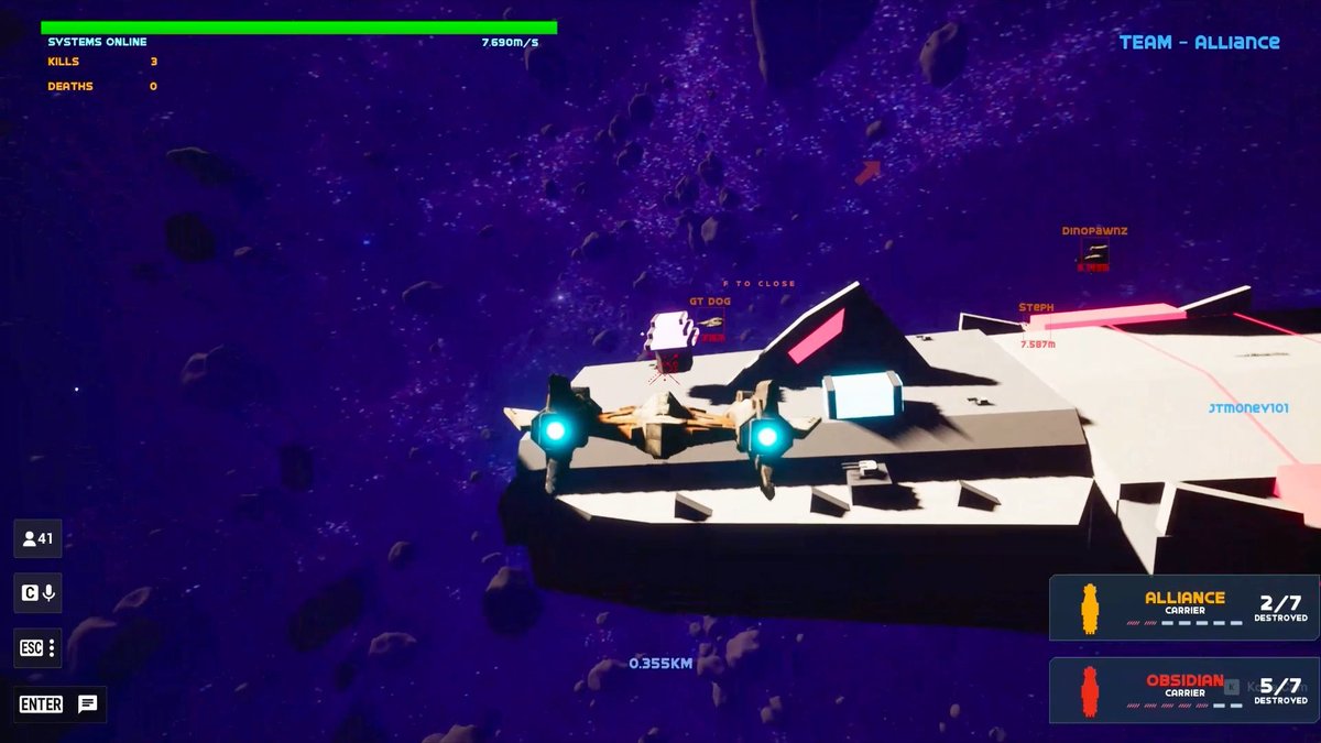 A space combat video game screenshot showing a white spaceship with blue glowing thrusters floating in an asteroid field, with HUD displaying 'TEAM - ALLIANCE', 2/7 destroyed, player names like 'DinoPawnz' and 'GT DOG', and ship statuses for Alliance and Obsidian carriers.