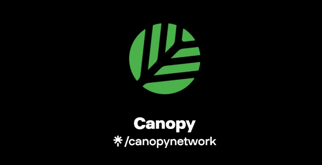 A logo for 'Canopy' featuring a green stylized leaf design within a black circle, with the text '*./canopynetwork' displayed below on a black background.