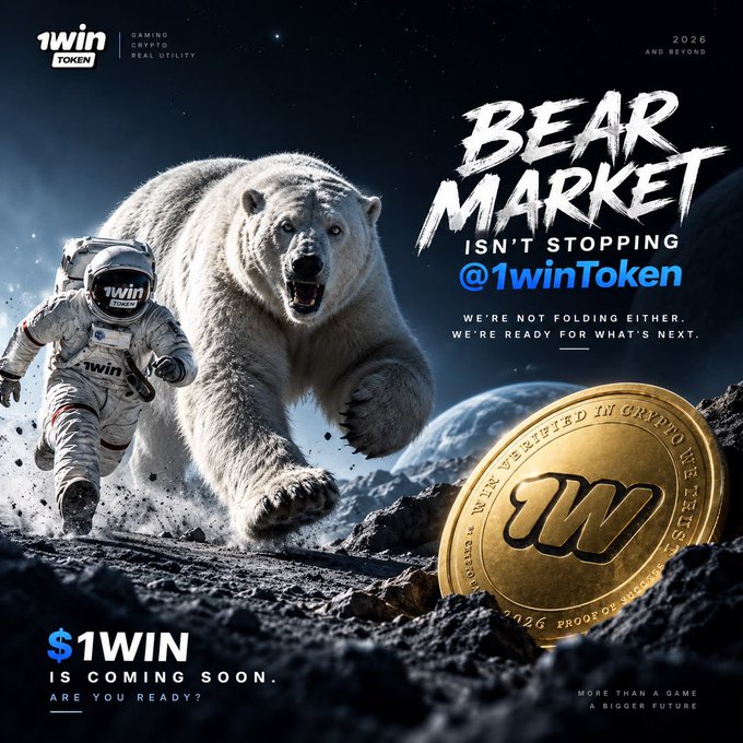 A “1WIN” crypto-token advertisement showing an astronaut running from a polar bear, with text including “BEAR MARKET ISN’T STOPPING @1winToken,” “1WIN IS COMING SOON,” and “2026.”