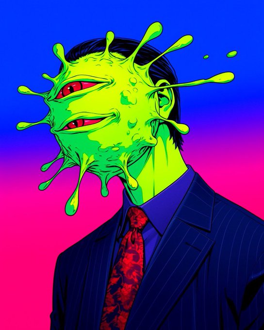 A vibrant, psychedelic illustration of a man in a pinstripe suit whose head is melting into a green, multi-eyed slime with dripping splatters, set against a gradient pink and blue background.