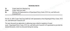 The image is a memorandum dated July 24, 2026, from Crypto Task Force Staff to Commissioner Hester Peirce, regarding a meeting with representatives of the Hyperliquid Policy Center, including Andy and someone named with the initials BLM, discussing Hyperliquid Policy Center, XYZ LLC, and Sailpoint & Cromwell LLP and their provided materials.

The post relates to the image by referencing the meeting between the Crypto Task Force and the Hyperliquid Policy Center, an organization seeking regulatory clarity for onchain markets, with "Andy" mentioned as one of the representatives who shared his perspective.