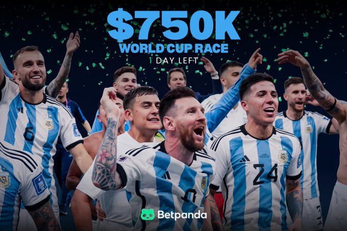 A promotional advertisement showing the Argentina national soccer team celebrating, including players like Messi, with text reading '$750K WORLD CUP RACE 1 DAY LEFT' and the 'Betpanda' logo.