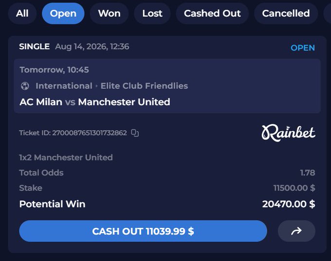 The image shows an open Rainbet betting slip for an "International · Elite Club Friendlies" match between AC Milan vs Manchester United (Tomorrow, 10:45), with a 1x2 Manchester United bet at 1.78 total odds, $11,500 stake, potential win of $20,470, and a $11,039.99 cash out option. The post celebrates backing Manchester United, offering a $100 Solana airdrop if Bruno Fernandes scores, tying into the bet's high-stakes wager on a United victory.