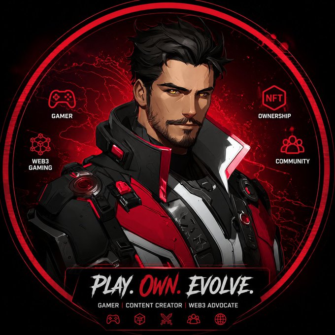 An illustrated cyberpunk-style character in red and black armor, with surrounding icons labeled "GAMER," "WEB3 GAMING," "NFT OWNERSHIP," and "COMMUNITY," and the text "PLAY. OWN. EVOLVE. Gamer | Content Creator | Web3 Advocate."