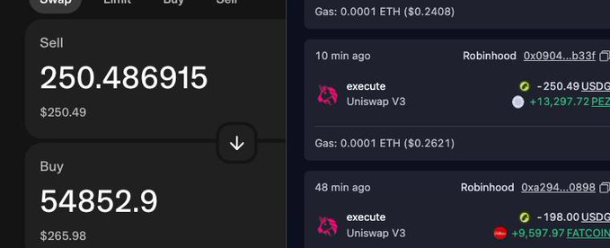 A Uniswap V3 swap interface on Robinhood showing a sell of 250.486915 USDC for 54852.9 PEZ tokens at $250.49, with recent "execute" transactions revealing only $13,297.72 PEZ received for $250.49 USDC and $9,597.97 FATCOIN for $198 USDC, illustrating the massive losses from the sandwich attack mentioned in the post.