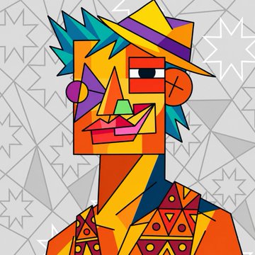 A colorful cubist-style pop art illustration of a character with blue spiky hair, a yellow hat, and geometric patterns on a gray background with star motifs.