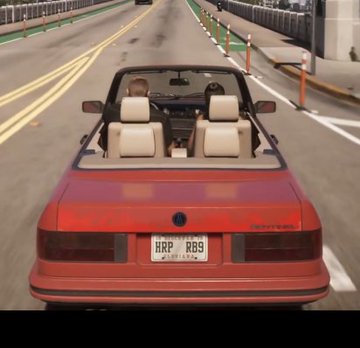 A red convertible with the top down drives down a road in GTA V, featuring a visible license plate reading "HRP 889" which the post humorously compares to "XRP 589" in a nod to the XRP cryptocurrency ticker.