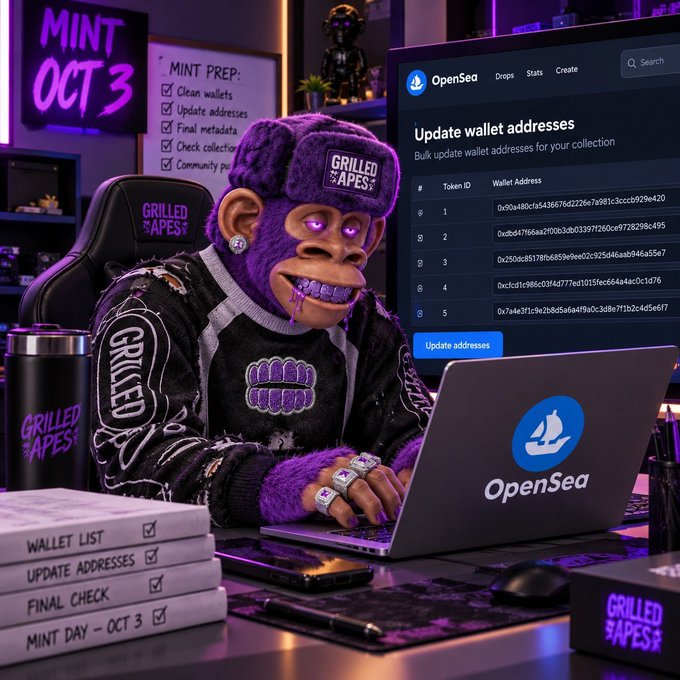 A purple anthropomorphic ape character wearing a 'GRILLED APES' beanie and varsity jacket sits at a laptop displaying the OpenSea interface for bulk updating wallet addresses, surrounded by 'MINT OCT 3' signage and task lists.