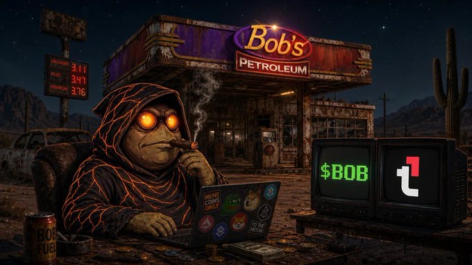 A hooded lizard-like figure smokes a cigar at a desert gas station called 'Bob's Petroleum', with a laptop displaying crypto coins, a TV showing '$BOB', and the Pepe cryptocurrency logo visible.