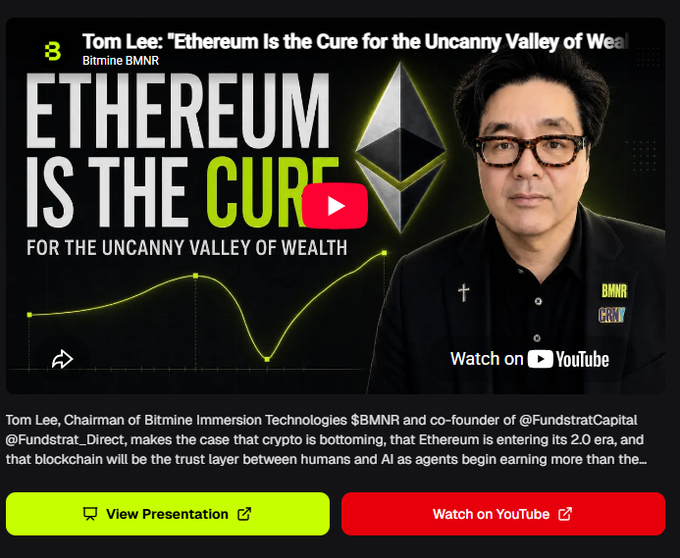 A YouTube thumbnail featuring Tom Lee of Bitmine BMNR with the title "ETHEREUM IS THE CURE FOR THE UNCANNY VALLEY OF WEALTH," discussing crypto bottoming and Ethereum's 2.0 era.