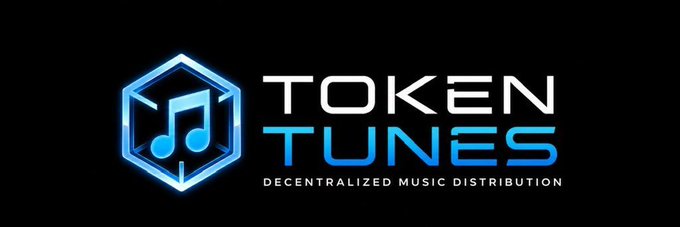 Logo for 'Token Tunes,' a decentralized music distribution platform, featuring a blue hexagonal cube with a musical note.