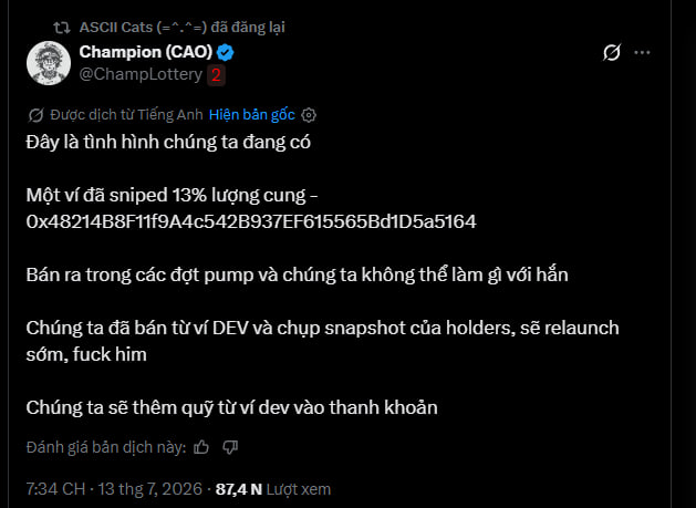 A screenshot of a social media post from the account 'Champion (@ChampLottery)' discussing a crypto project called 'ASCII Cats', mentioning a 13% supply sniped from a DEV wallet, and written in Vietnamese.
