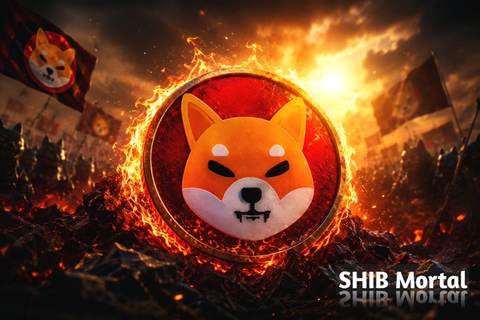 A Shiba Inu coin blazes with fiery intensity against a war-torn battlefield backdrop, with "SHIB Portal" text visible in the corner, visually echoing the post's message of $SHIB's resilience and legendary status against those who once dismissed it.