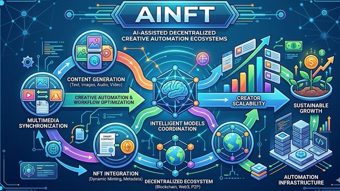The image features a detailed illustration of an AI-assisted creative automation ecosystem, with various elements such as a brain, plants, buildings, and other objects representing different aspects of this system. The caption below the image reads "AINFT AI-assisted decentralized creative automation ecosystems Creative automation is reshaping digital production workflows as AI systems become capable of generating scalable multimedia content across decentralized ecosystems".