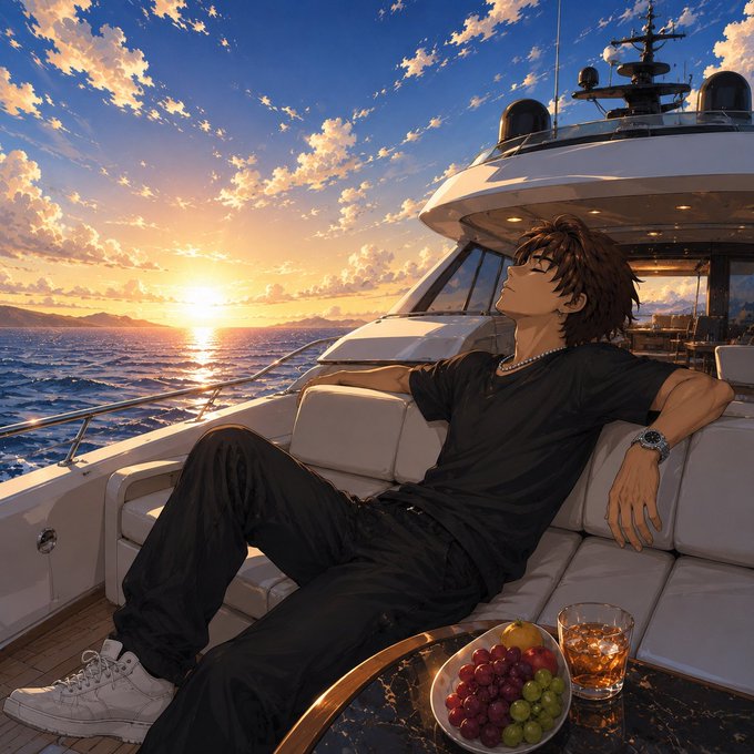 A young man with tousled brown hair relaxes in an anime-style illustration, lounging in all black on the cushioned deck of a luxury yacht as the golden sun sets over the ocean behind him, with a bowl of grapes and a glass of whiskey beside him—projecting the affluent, carefree "GM" (Good Morning) crypto greeting vibe the post is going for.