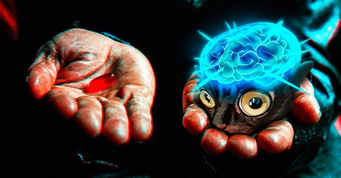 A surreal image shows two bloodied hands against a dark background; the left holds a glowing red object while the right cradles a creature with glowing eyes and a bright blue holographic brain.
