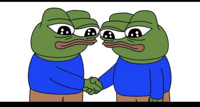 Cartoon illustration of two Pepe the Frog characters shaking hands against a white background.