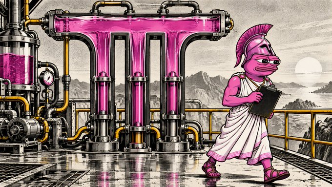 A stylized illustration depicts a bright pink liquid flowing through industrial pipes while a cartoon figure in ancient-style clothing walks past holding a clipboard.