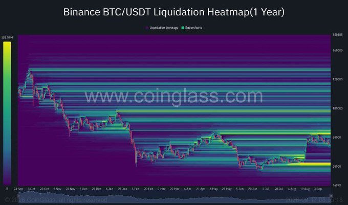 The image displays a Binance BTC/USDT 1-year liquidation heatmap from Coinglass, showing price action ranging roughly from $64,000 to $150,000, with the current price hovering near $95,000-$96,000. Bright yellow liquidation clusters appear prominently below current price around $74,600 and another dense zone visible between $80,000-$85,000, illustrating the post's point that the heavier liquidation magnet sits beneath BTC rather than above it.