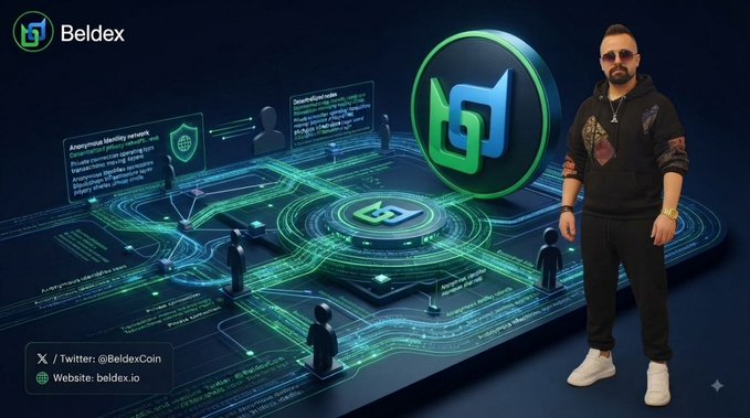 A promotional graphic for Beldex cryptocurrency featuring a man in a black hoodie standing next to the green and blue Beldex logo, with social links for @BeldexCoin and beldex.io.