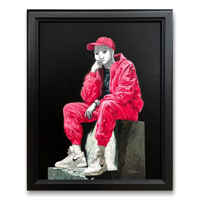 The image features a painting of a man sitting on a rock, wearing red clothing and white shoes. The painting has a black frame that contrasts with the vibrant colors used for the subject's outfit. The artist has also included a watermark at the bottom of the artwork, indicating its source or creator. The post in question is about an art piece worth $WOJAK millions, suggesting it could be a valuable and sought-after item among collectors.