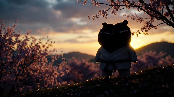 A panda figurine in a karate gi stands silhouetted on a grassy hill, gazing out over a sunset valley framed by cherry blossoms. The somber, contemplative scene mirrors the weary patience of a long-time $BOBO holder watching the market from afar.