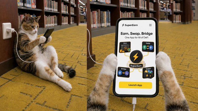 A cat sitting on a library floor uses a smartphone plugged into a wall outlet, while a close-up shows the SuperEarn app interface advertising 'Earn. Swap. Bridge. One App for All of DeFi' with a 'Launch App' button.