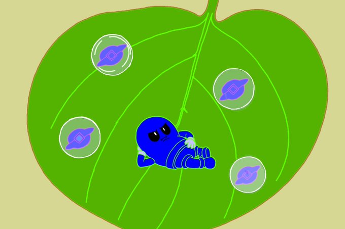 Digital illustration of a blue cartoon character lounging on a large green leaf, surrounded by floating circular icons with arrows.