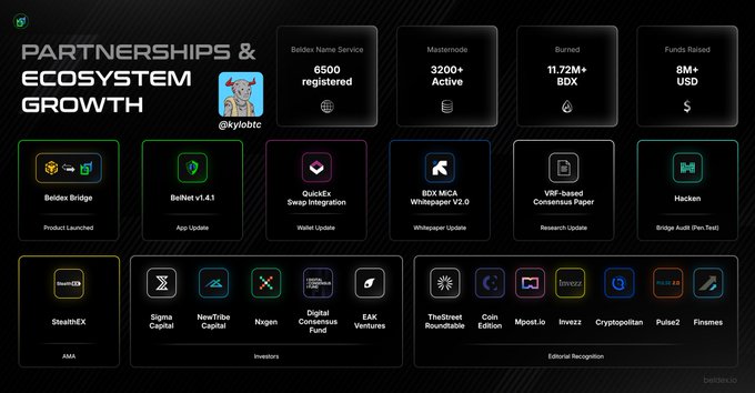 A Beldex cryptocurrency marketing slide titled 'PARTNERSHIPS & ECOSYSTEM GROWTH' displaying stats like '6500 registered' Beldex Name Service users, '3200+ Active' masternodes, '11.72M+ BDX' burned, and '8M+ USD' funds raised, alongside logos for partners including Beldex Bridge, QuickEx Swap Integration, Hacken, Sigma Capital, and others.