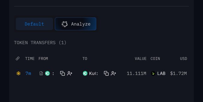 A cryptocurrency transaction interface showing a token transfer of 11.111M LAB tokens (valued at $1.72M USD) that took 7 minutes to complete.