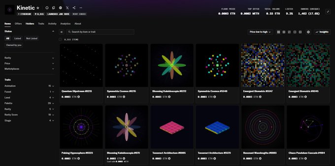 The image presents a screen from the website Kinetic with a bunch of computer generated images featuring different shapes, including flowers, stars, and geometric patterns. There are also some texts available, one reads "Im quite bullseye the dev have also swept a lot on floor #NFT #ETH #Kinetic", while another states "#NFT". The colors used in the images and text provide an interesting visual appeal to the website.