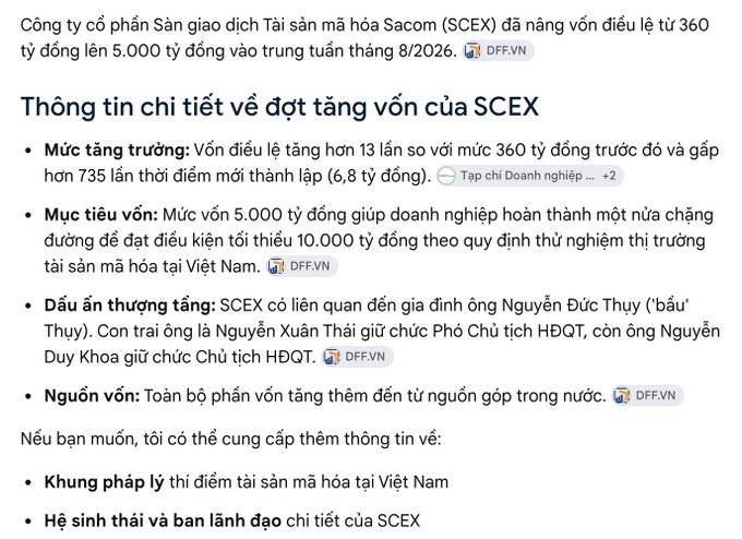 A Vietnamese-language informational graphic about SCEX (Công ty cổ phần Sàn giao dịch Tài sản mã hóa Sacom) detailing its capital increase from 360 billion to 5,000 billion VND, including bullet points on growth rate, capital targets, leadership connections to Nguyễn Đức Thụy, and funding sources.