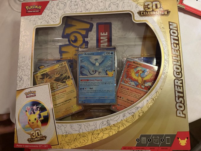 A Pokémon Trading Card Game '30th Celebration Poster Collection' box containing Articuno, Zapdos, and Moltres promo cards along with a Mewtwo poster.