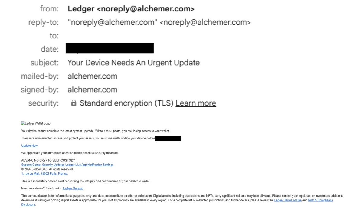 Email from Ledger (noreply@alchemer.com) with subject 'Your Device Needs An Urgent Update,' urging the recipient to manually update their device to avoid losing access to their wallet, with an 'Update Now' link.