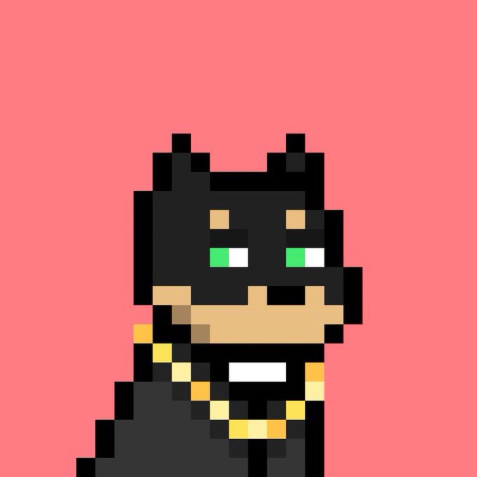 A pixel art rendition of a Doge-style Shiba Inu dog with green eyes, dressed in a black suit and gold chain, set against a pink background. The image complements the post by visually representing the proud "Doginal Dog" persona, symbolizing loyalty and persistence in the crypto market.