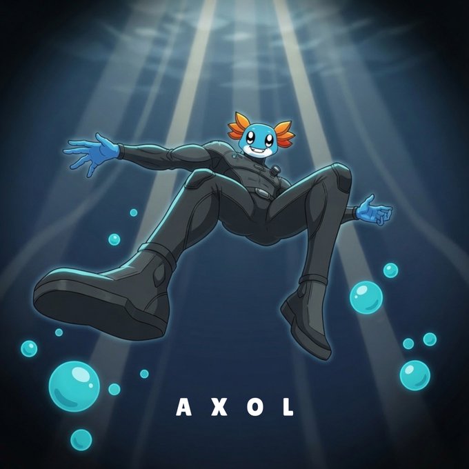 Cartoon illustration of a blue axolotl character wearing a black bodysuit and boots, floating with outstretched arms amid glowing bubbles, with 'AXOL' text at the bottom.