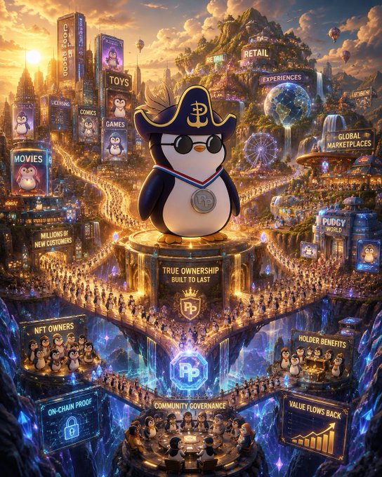 A vibrant illustrated artwork featuring a penguin mascot wearing a pirate hat and sunglasses, surrounded by themed structures labeled 'TOYS', 'RETAIL', 'PUDGY WORLD', 'NFT OWNERS', 'TRUE OWNERSHIP BUILT TO LAST', and other Pudgy Penguins-themed sections.