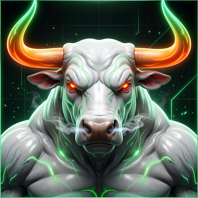 A muscular, cybernetically enhanced white bull with glowing orange horns and red eyes, surrounded by neon green energy veins, embodies the bullish conviction of the post declaring an all-in investment in $LEVI. The fierce, powerful creature symbolizes the aggressive, "charging ahead" stance of doubling down on the stock.