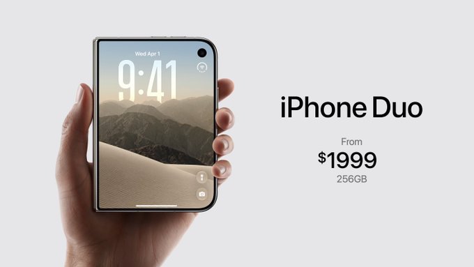 A hand holds a smartphone displaying a desert landscape lock screen with the time "9:41" and date "Wed Apr 1," alongside text reading "iPhone Duo From $1999 256GB," highlighting the phone's premium price tag in contrast to the post's claim that it costs only 0.025 BTC.