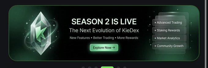 A promotional banner announces 'SEASON 2 IS LIVE - The Next Evolution of KieDex' with features including Advanced Trading, Staking Rewards, Market Analytics, and Community Growth.
