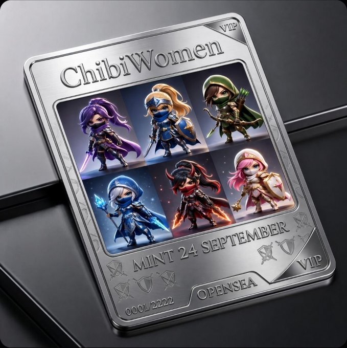 A silver VIP collectible card titled 'Chibi Women' displaying six chibi-style female warrior characters, marked 'MINT 24 SEPTEMBER' and '0001/2222' with an OpenSea logo.