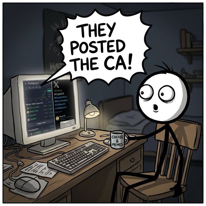 A cartoon stick figure sitting at a desk with a coffee mug labeled 'COFFEE & MEMES' excitedly shouts 'THEY POSTED THE CA!' while looking at a Pump.fun chart on a computer monitor.