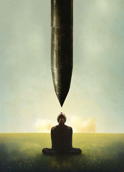 A surreal illustration depicts a person sitting cross-legged on a green field as a massive black missile or rocket descends directly above their head.
