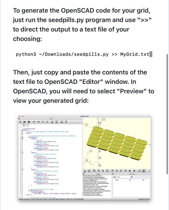 The image shows a tutorial screenshot with instructions for generating OpenSCAD code using a "seedpills.py" program, directing output to a text file via "python3 ~/Downloads/seedpills.py >> MyGrid.txt". The OpenSCAD editor window displays a 3D grid of yellow rounded rectangles labeled "M512", "M513", "M515" (etc.) arranged in rows with coordinates and translation values listed in the left code panel.

The accompanying post discusses "Entropia editions" being shared globally and promotes the designer’s open-sourced work, aligning with this tutorial on generating reproducible grid designs via OpenSCAD scripting.