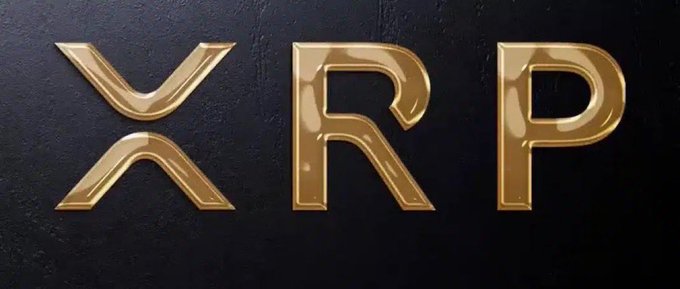 The text 'XRP' is displayed in large, glossy gold 3D letters against a dark background, representing the cryptocurrency ticker.