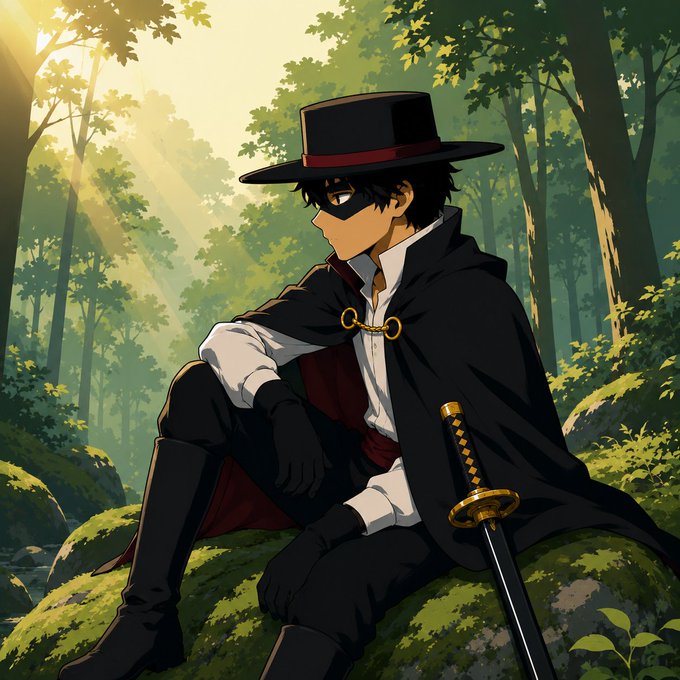 An anime-style illustration of a dark-haired figure wearing a black wide-brimmed hat and cape, sitting in a sunlit forest with a katana sword beside them.